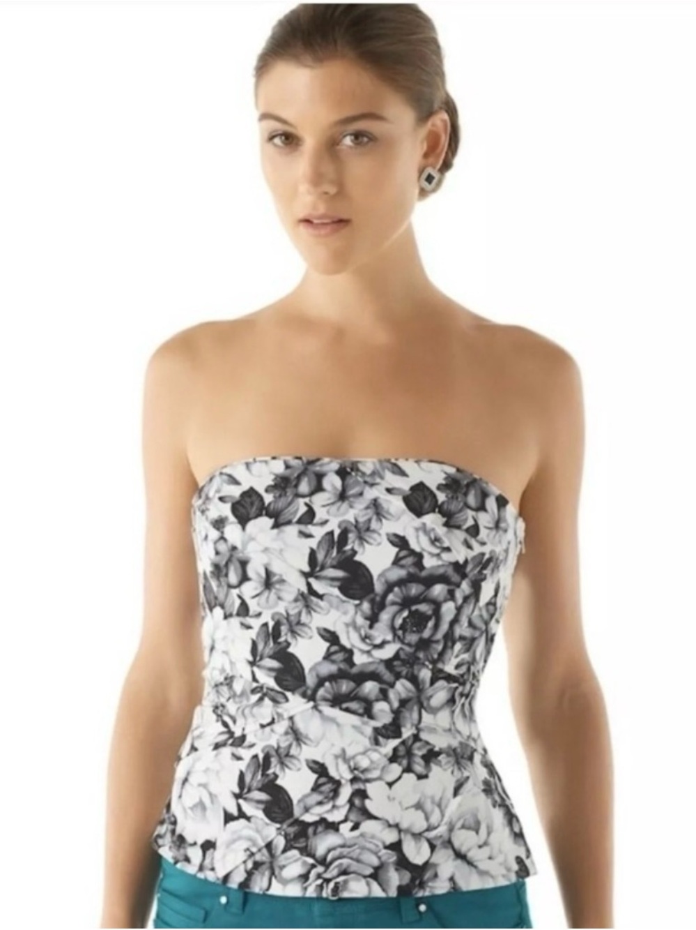🌺White House Black Market Black & White Floral Strapless bone in corset 10 Top🌺